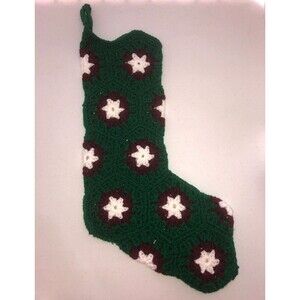 Vintage Crochet Granny Square Christmas Stocking 22" Green Burgundy White